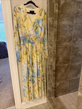 Laundry By Shelli Segal Yellow Blue Floral Long Sleeve Maxi Dress